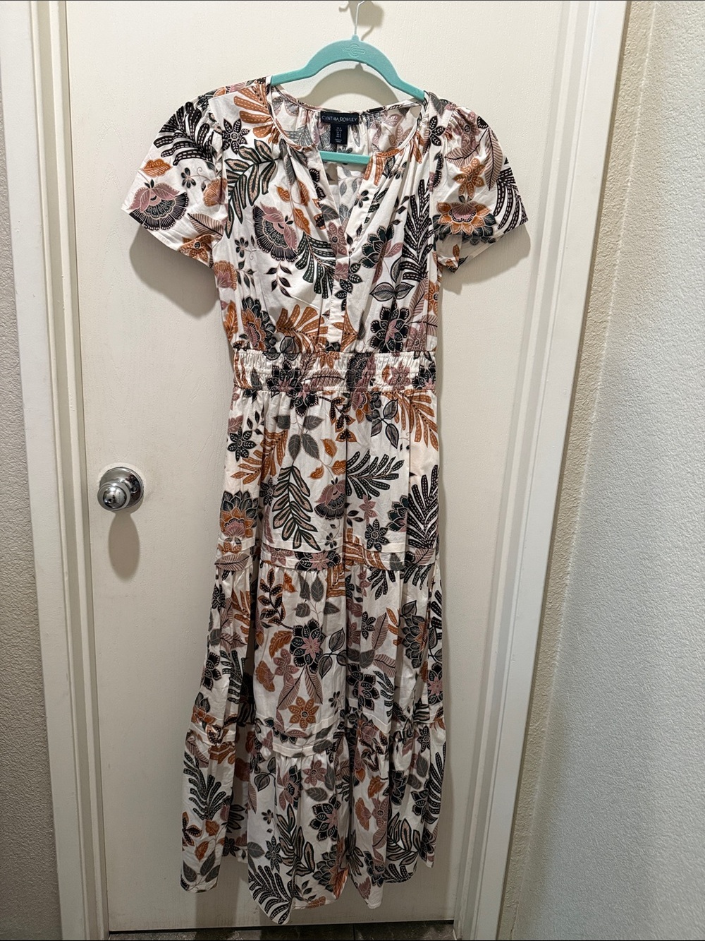 Cynthia Rowley White Maxi Dress with Brown, Black & Pink Floral Print